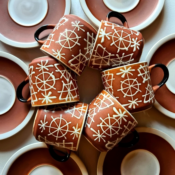 VINTAGE 70s 80s Japanese Brown White Black Cup & Saucer Set of 6 Tea Coffee Cups - Picture 7 of 13